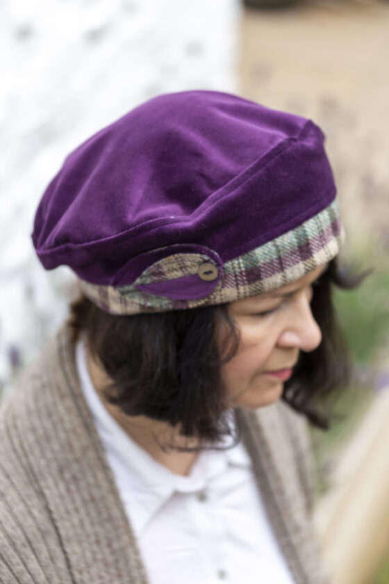 Lavenham Beret sewing pattern in purple velvet
