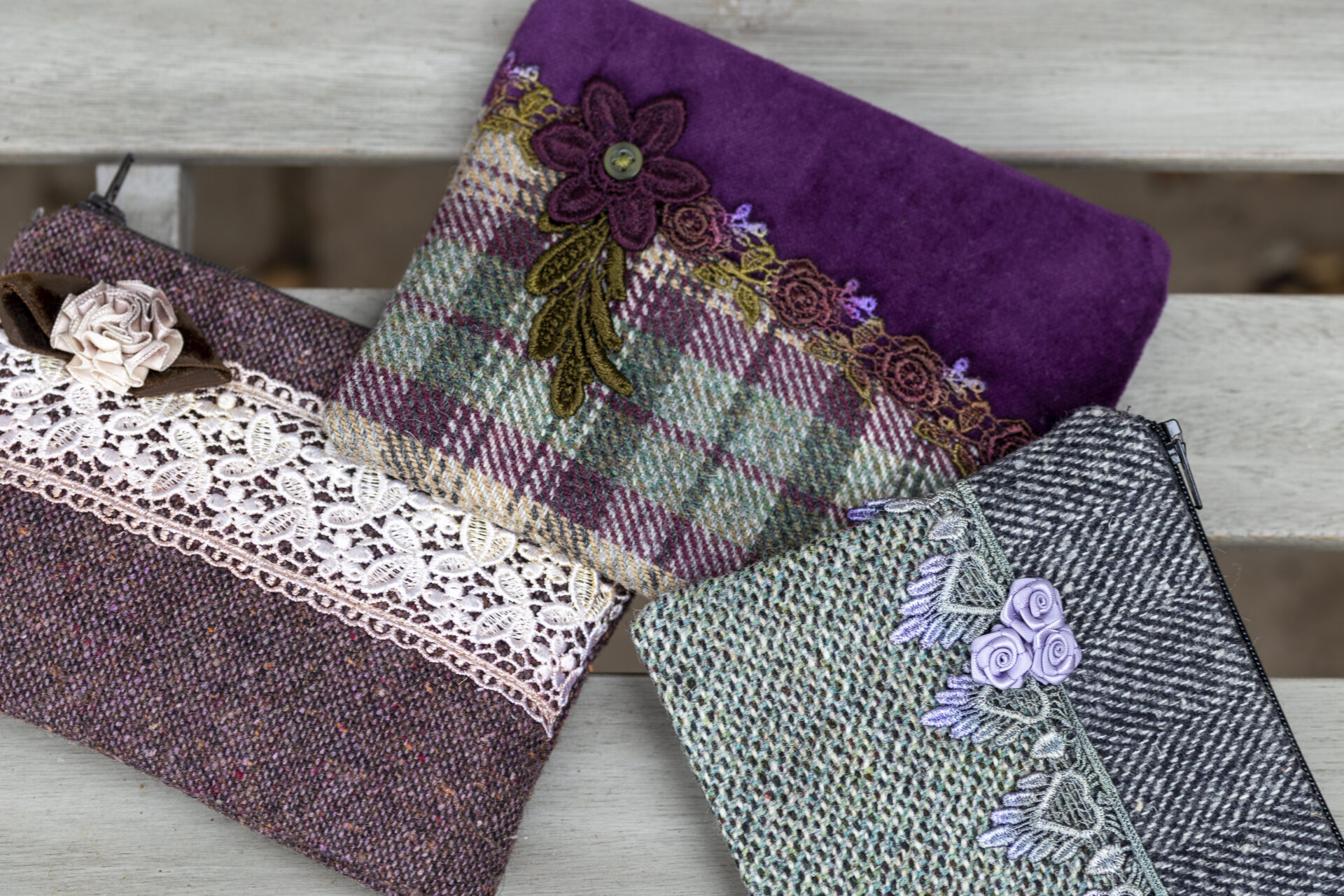Tweed purses trimmed with vintage lace