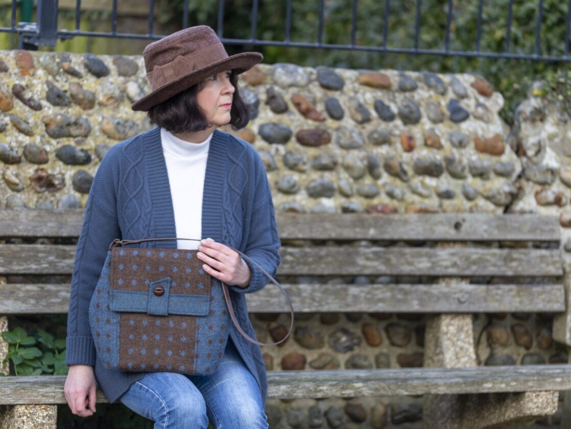 The Dunwich Bag in English wool tweed modelled with the Hainford Hat, both from Charlie's Aunt sewing patterns