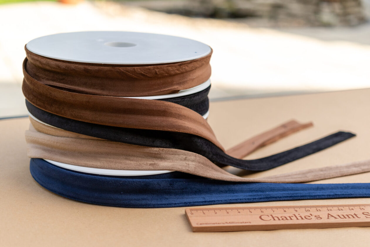 Velvet bias binding in chocolate, camel, navy and black