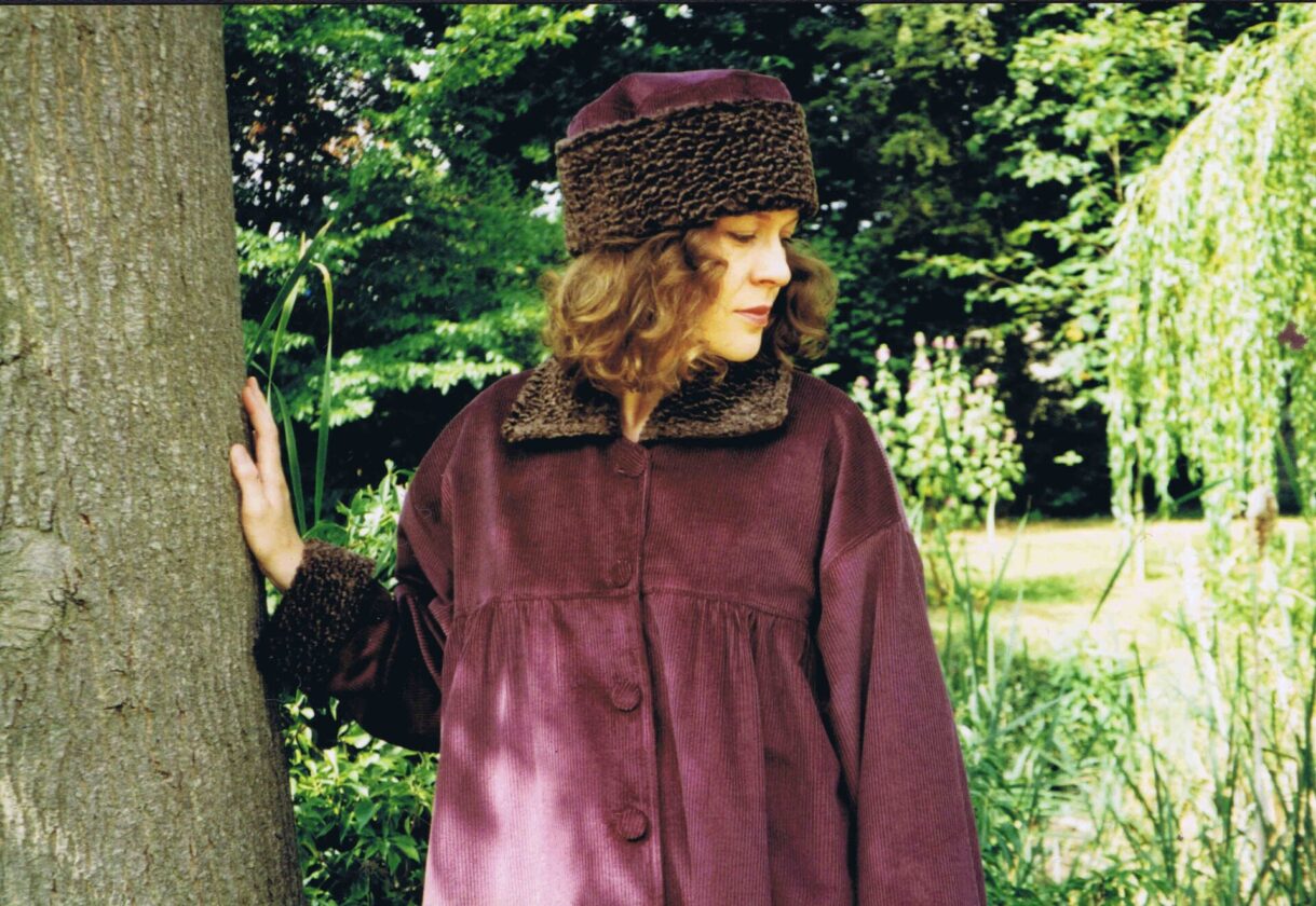 My beautiful sister, Charlie's mum, modelling a hat and coat from my clothing design days - it is trimmed with faux Astrakhan